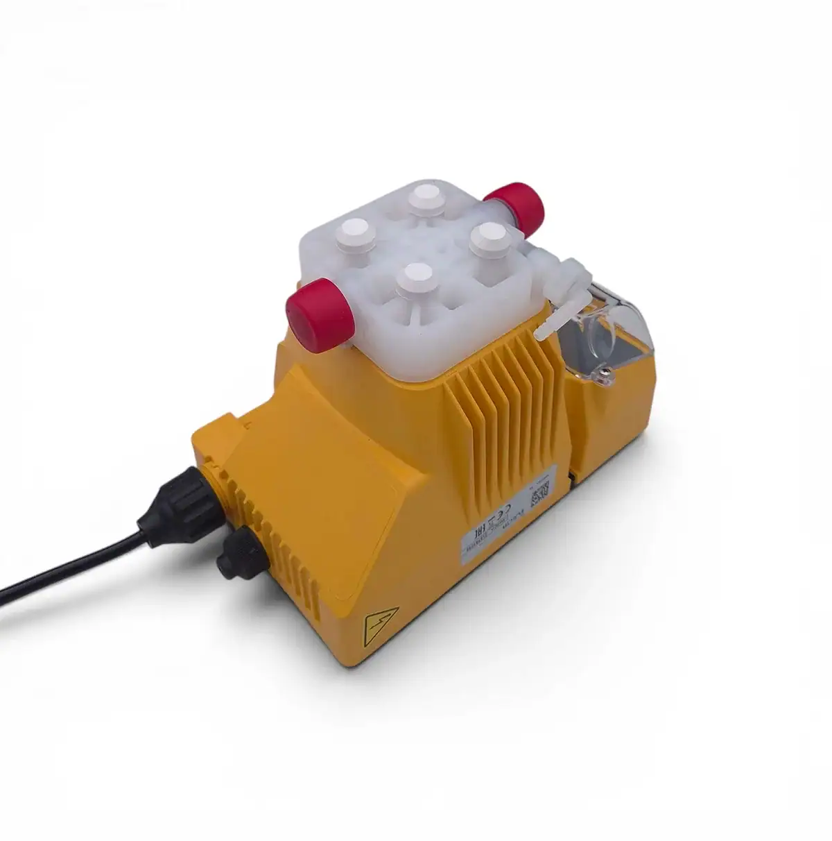 Yellow industrial pump with a white modular top block and red end caps, connected to a power cord.