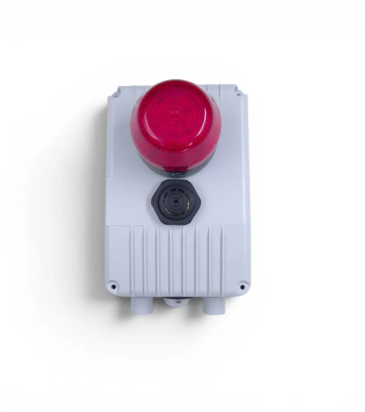 Grey electrical enclosure with a red warning beacon on top and a circular port below the beacon.