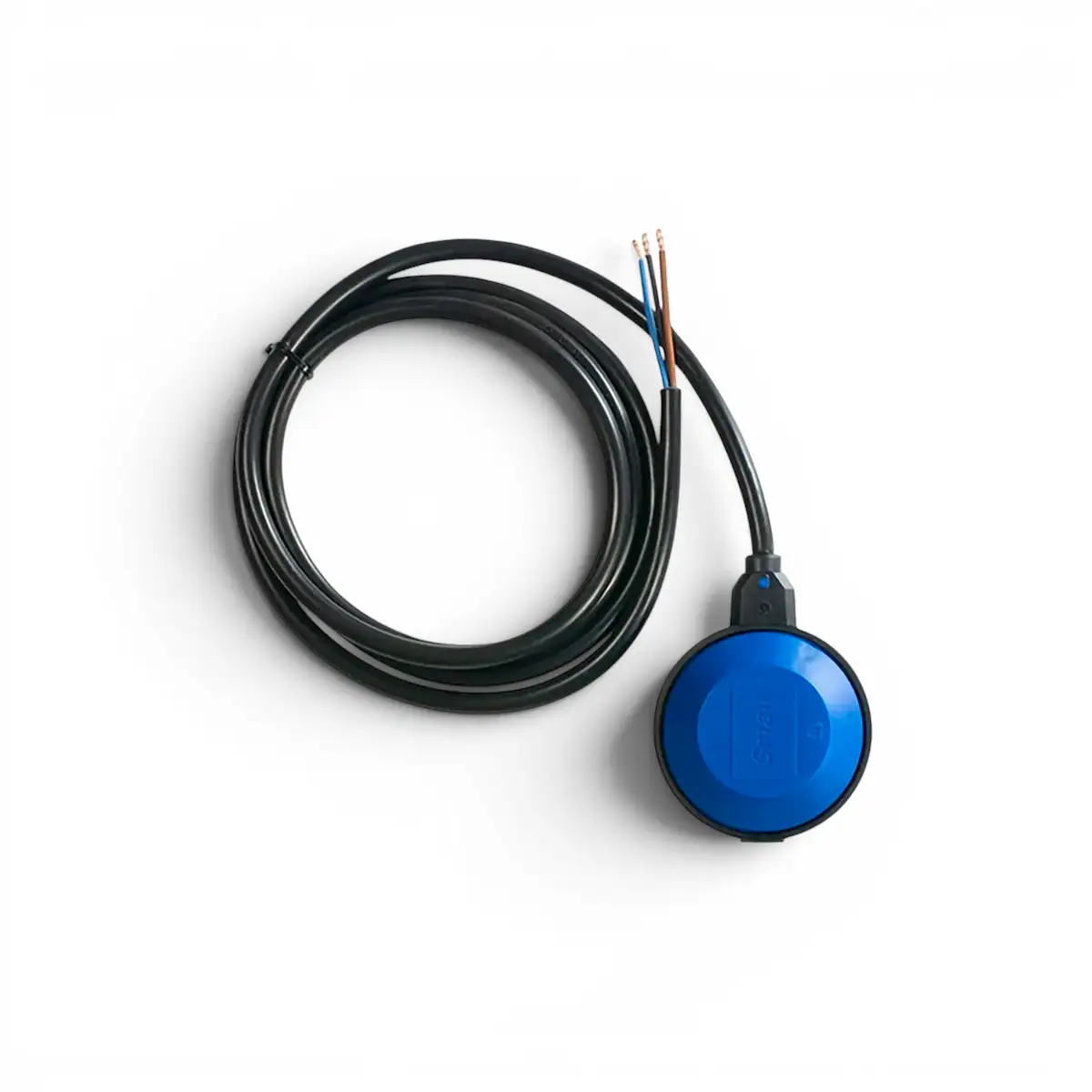 Pintakytkin Small | Kaveko Blue circular electronic device connected to a long black cable with four exposed copper wires.